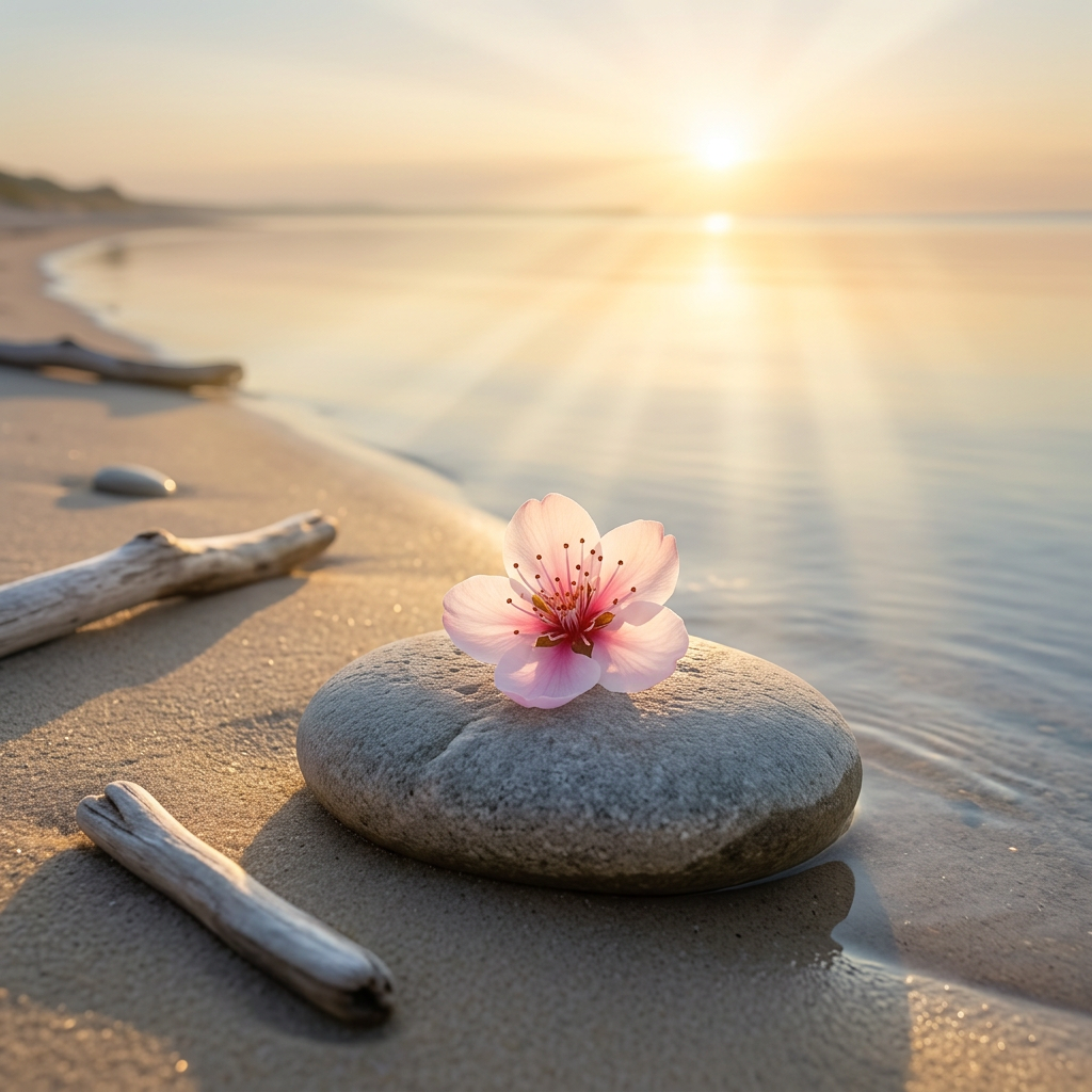 Sunlight shining through green forest trees onto a wooden bench beside a dirt path